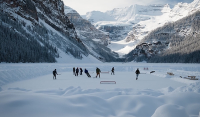 Playing Hockey On Lake Louise Winter Banff